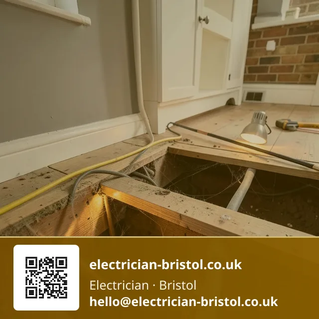 Twin-and-earth cable being clipped along a floor joist beneath lifted floorboards