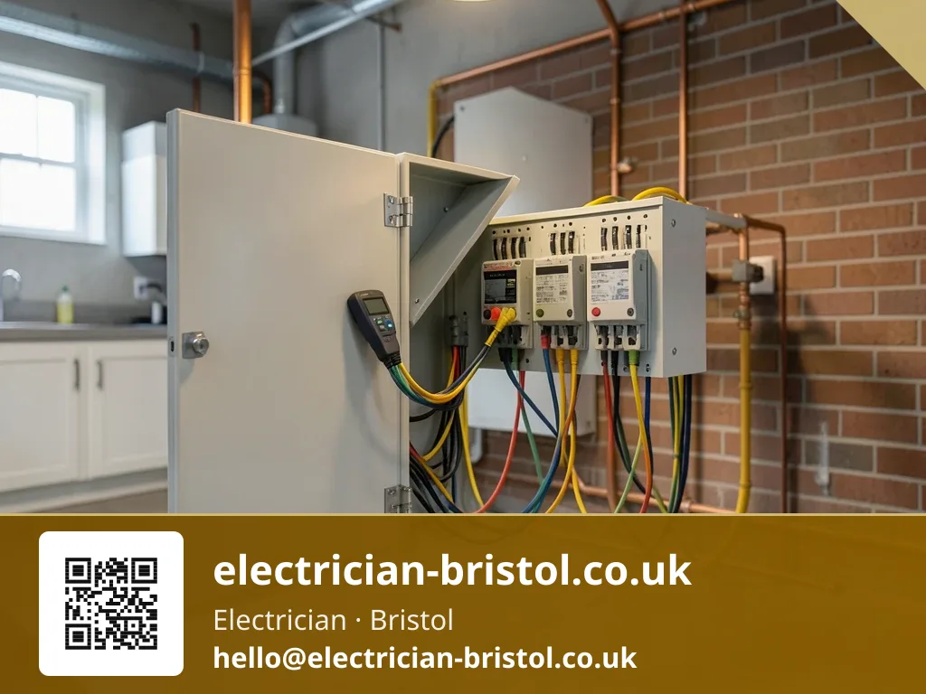 Three-phase distribution panel's breakers being checked with a phase rotation tester