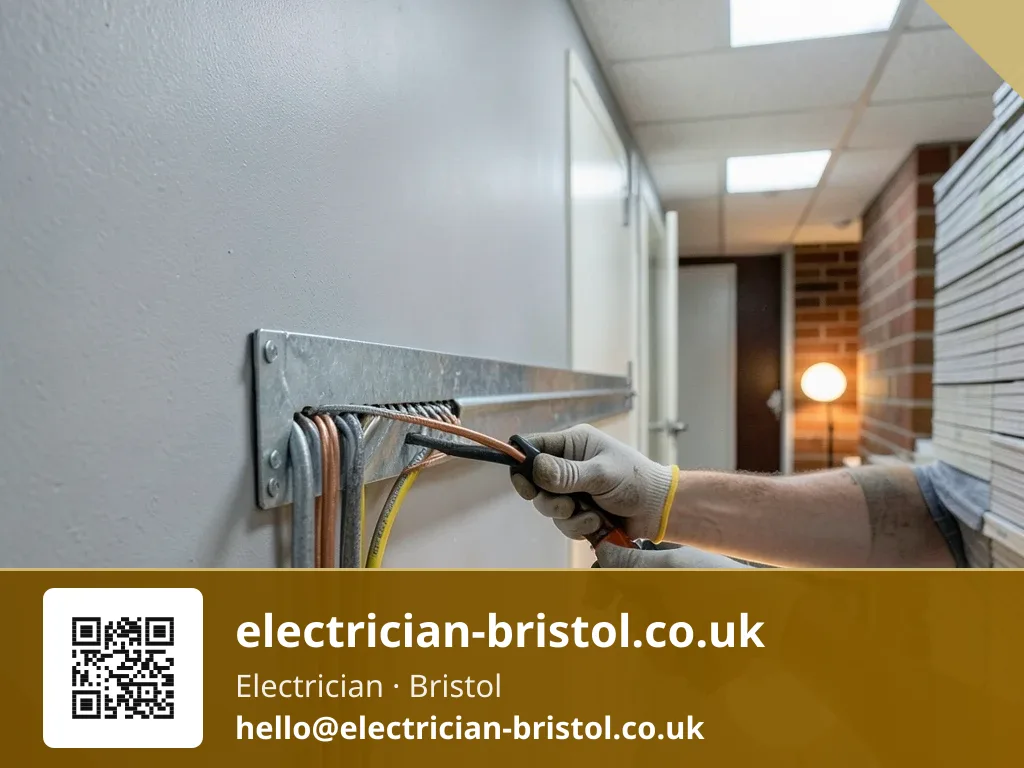 Galvanised steel cable containment trunking being screwed to a corridor wall