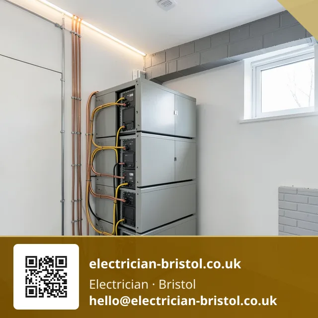 Battery storage units being stacked and wired together in a tidy utility room