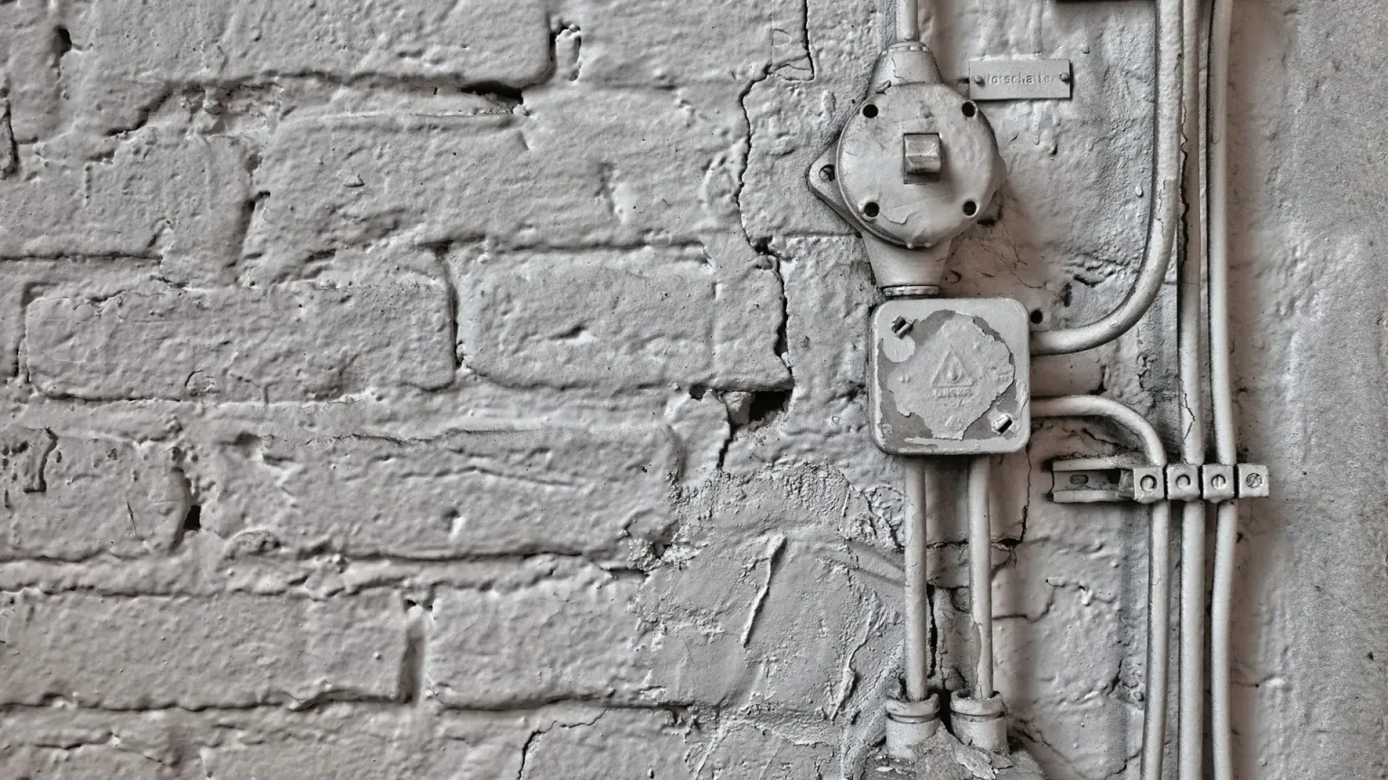 An electrician marking a cable route on bare brick beside an open loft hatch